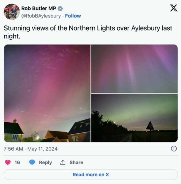 Post from MP Rob Butler on twitter with caption stunning views of the northern lights over Aylesbury last night and three images of purple and green northern lights in night sky